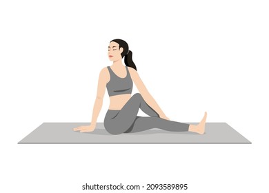 Sage Twist Pose Variation Forward Bend, Beautiful girl practice Marichyasana Variation Uttanasana. Young attractive woman practicing yoga exercise. working out, black wearing sportswear, grey pants.