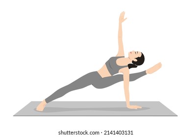 Sage Visvamitrasana Pose Variation. Beautiful girl practice Visvamitrasana Variation. Young attractive woman practicing yoga exercise. working out, black wearing sportswear, grey pants and top, indoor