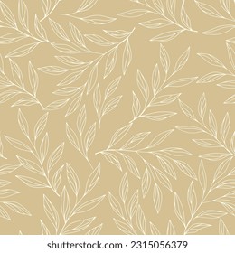 Sage yellow botanical leaves seamless repeat pattern. Random placed, vector hand drawn olive branches all over surface print.