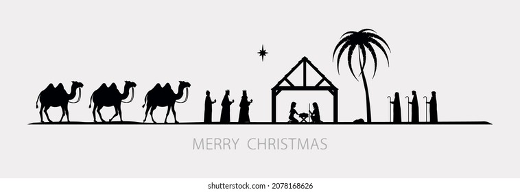 The sages go with camels to worship the newborn Jesus and on the other side there are shepherds with staffs. Set.