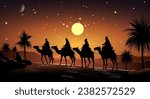 Sages on camels against the backdrop of a luminous star. Night starry sky. Desert with palm trees. Camel riders. Biblical scene on the eve of the birth of Jesus.