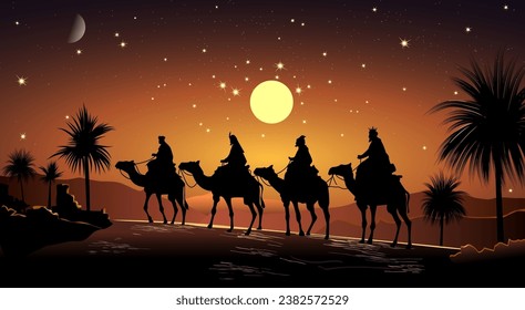 Sages on camels against the backdrop of a luminous star. Night starry sky. Desert with palm trees. Camel riders. Biblical scene on the eve of the birth of Jesus.