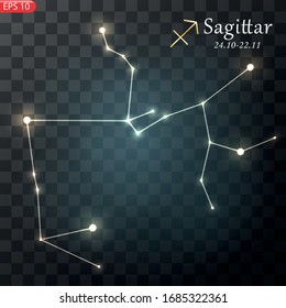 Saggitarious Zodiacal constellation with bright stars. Star sign and dates of birth on deep space background. vector illustration.