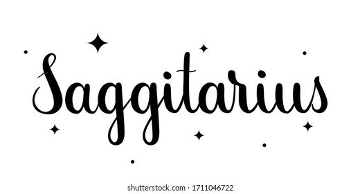 Saggitarius. Handwritten name of sign of zodiac. Modern brush calligraphy style. Black vector text isolated on white background with star elements