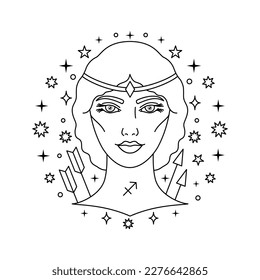 Saggitarius zodiac sign in line art style on white background.