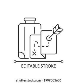 Saggitatourism linear icon. Dart mark on map to decide journey destination. Plan vacation. Thin line customizable illustration. Contour symbol. Vector isolated outline drawing. Editable stroke
