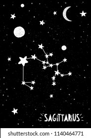 Sagitarius Sign Vector Design.Hand Drawn Sagittarius Zodiac Symbol.Black and White Stars and Moon on a Black Grunge Background. Childish Starry Night Sky with Moon and Planets.White Hand Written Lette