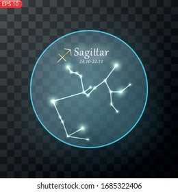 Sagitarius Zodiacal constellation with bright stars. Star sign and dates of birth on deep space background. vector illustration.