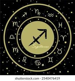 Sagittari zodiac sign in a starry circle, surrounded by all zodiac signs. Perfect for astrology themes, horoscope visuals, and celestial designs. Dark cosmic background. Ideal for digital or print use