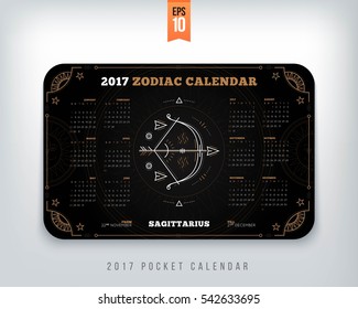 Sagittarius 2017 year zodiac calendar pocket size horizontal layout Black color design style vector concept illustration