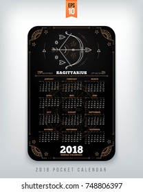 Sagittarius 2018 year zodiac calendar pocket size vertical layout Black color design style vector concept illustration.