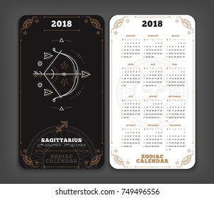 Sagittarius 2018 year zodiac calendar pocket size vertical layout Double side black and white color design style vector concept illustration