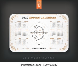 Sagittarius 2020 year zodiac calendar pocket size horizontal layout White color design style vector concept illustration