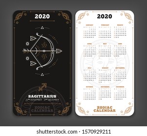 Sagittarius 2020 year zodiac calendar pocket size vertical layout Double side black and white color design style vector concept illustration