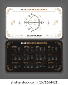 Sagittarius 2020 year zodiac calendar pocket size horizontal layout Double side white and black color design style vector concept illustration