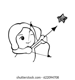 Sagittarius aims at the star from the bow/Vector linear image of children's zodiac signs, sketch style