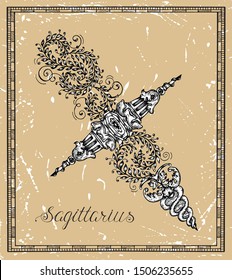 Sagittarius or Archer Zodiac sign on frame on texture. Collection of astrological symbols in baroque victorian style. Vector hand drawn illustration for Horoscope, Esoteric and Mystic background