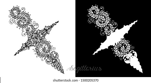 Sagittarius or Arches Zodiac Sign with victorian baroque patterns. Collection of astrological symbols. Design Set with vector hand drawn illustrations for Horoscope, Esoteric and Mystic background