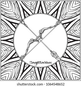 Sagittarius, a bow, arrows. Decorative zodiac sign on pattern background. Outline hand drawing. Good for coloring page for theÂ adult coloring book Stock vectorÂ illustration.