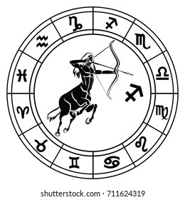 Sagittarius in astrological circle black vector illustration isolated on a white background