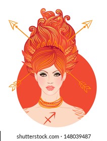 Sagittarius astrological sign as a beautiful girl. Vector illustration isolated on white. 