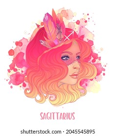 Signo astrológico sagitario como una chica hermosa. Ilustración vectorial sobre el fondo de la acuarela aislada en blanco. Contando el futuro, horóscopo. Mujer de moda zodiac set. 