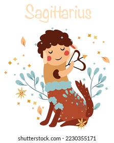 Sagittarius astrological sign. Funny Zodiac sign with colorful leaves and stars around. Sagittarius perfect for posters, logo, cards. Vector illustration.