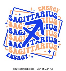 Sagittarius astrological sign. Retro wavy text zodiac design.