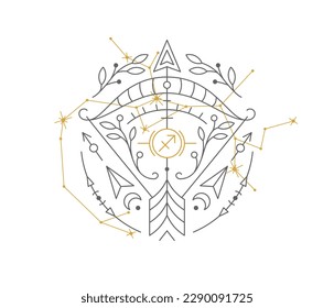 Sagittarius astrological symbol with Zodiac constellation, connected stars. Archer astrology horoscope sign and stars on white background thin line vector illustration