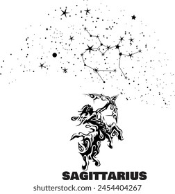 Sagittarius astrology constellation illustration, black and white