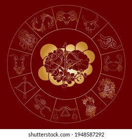 Sagittarius of Astrology design.horoscope circle with signs of zodiac set vector.signs such as a aries, taurus, gemini, cancer, leo, virgo, libra, scorpio, sagittarius, capricorn,aquarius, pisces.