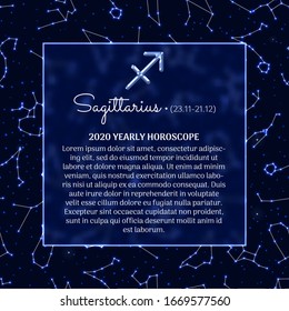 Sagittarius astrology horoscope prediction for 2020 year. Luminous zodiac signs on blue background. Sagittarius star sign, dates of birth and personal trait. Mystical vector design of yearly horoscope