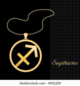 Sagittarius Astrology Pendant Necklace.  Engraved zodiac icon, with gold chain, for the horoscope Fire Sign Sagittarius, with textured black background. EPS8 compatible.