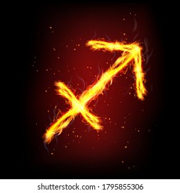 Sagittarius astrology sign with fire and smoke in the night.