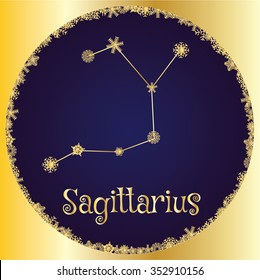 Sagittarius. Astrology sign. Vector zodiac. Gold snowflakes 