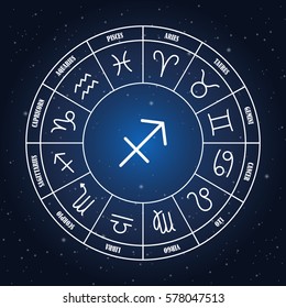 Sagittarius astrology sing in zodiac circle on the background of starry sky, set of astrology sings