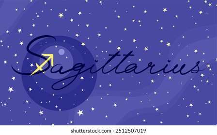 Sagitario. Hermosa inscripción. Signo del zodiaco. Sobre un fondo estrellado azul oscuro. Concepto de astrología y horóscopos. Ilustración vectorial.