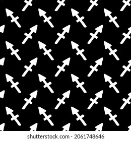 Sagittarius black and white seamless pattern vector. White hand-drawn arrows isolated on black endless texture. Horoscope symbols monochrome pattern