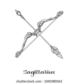 Sagittarius, bowman, bow Zodiac sign. Astrological horoscope collection. Outline vector illustration. Outline hand drawing coloring page for the adult coloring book. 