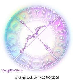 Sagittarius, bowman, bow Zodiac sign. Astrological horoscope collection. Violet on soft ultra violet space  background. Vector illustration