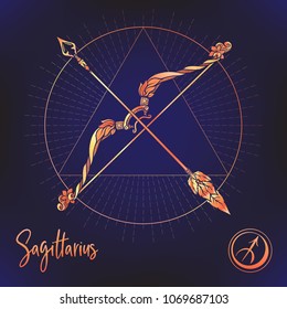 Sagittarius, bowman, bow Zodiac sign. Astrological horoscope collection. Multicolor on black dackground. Vector illustration