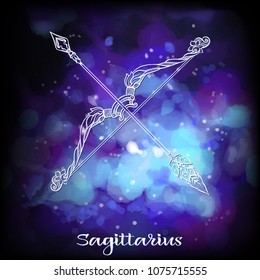 Sagittarius, bowman, bow Zodiac sign. Astrological horoscope collection. White on dark  blue and ultra violet space  background. Vector illustration