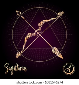 Sagittarius, bowman, bow Zodiac sign. Astrological horoscope collection. Rose gold on black dackground. Vector illustration