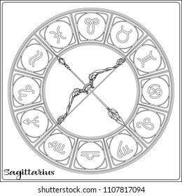 Sagittarius, bowman, bow Zodiac sign. Astrological horoscope collection. Outline vector illustration. Outline hand drawing coloring page for the adult coloring book. 