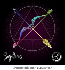 Sagittarius, bowman, bow Zodiac sign. Astrological horoscope collection. Multicolor on black dackground. Vector illustration