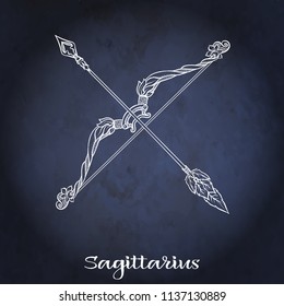 Sagittarius, bowman, bow Zodiac sign. Astrological horoscope collection. White on dark  blue, black space  background. Vector illustration