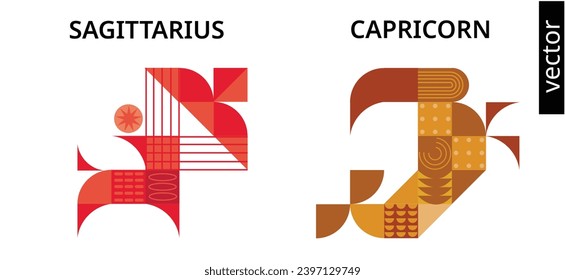 sagittarius capricorn zodiac signs set shape design red yellow ornament figures modern astrology poster calendar print vector