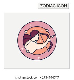 Sagittarius color icon. Ninth fire sign in zodiac. Shooter birth symbol. Mystic horoscope sign. Astrological science concept. Isolated vector illustration