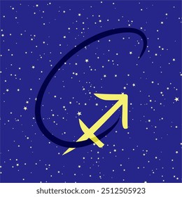 Sagittarius in combination with the letter C. Zodiac sign. On a dark blue starry background. Astrology and horoscopes concept. Vector illustration.