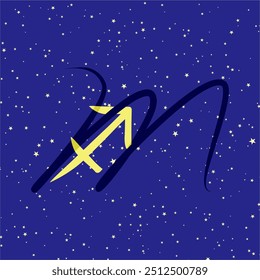 Sagittarius in combination with the letter M. Zodiac sign. On a dark blue starry background. Astrology and horoscopes concept. Vector illustration.